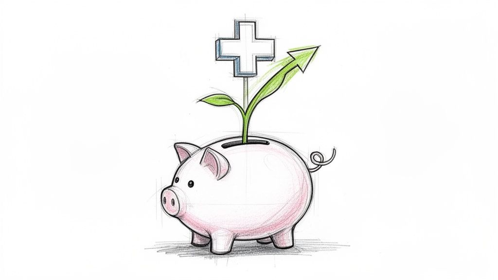 A hand-drawn illustration of a piggy bank with a plant growing out, featuring a medical cross and an upward arrow, symbolizing health savings growth.
