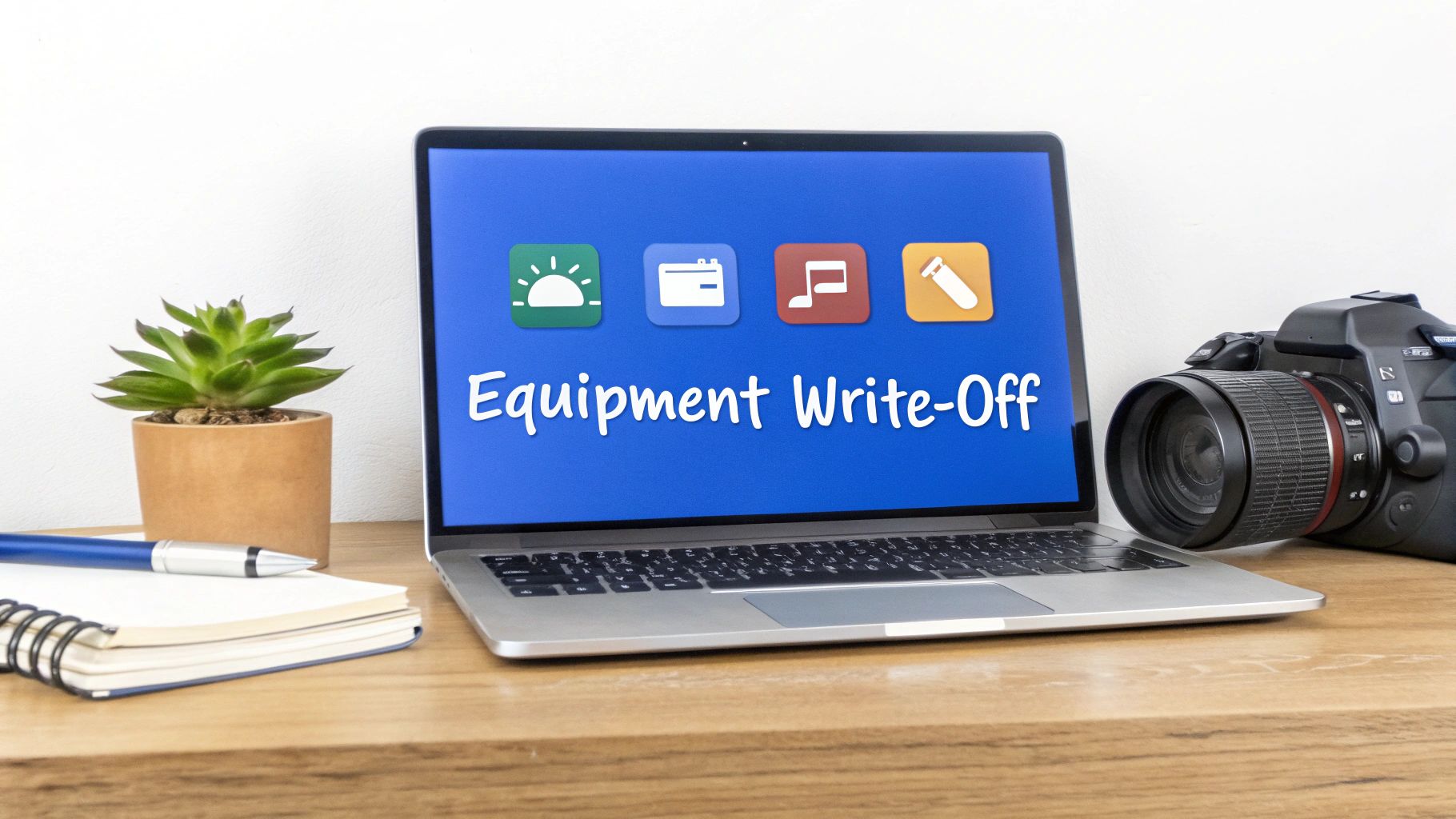 Image of a desk with a computer, monitor, and other business equipment, illustrating deductible items.