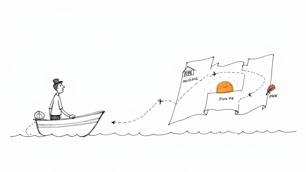 Hand-drawn illustration of a man in a boat following a dashed path on a whimsical treasure map.