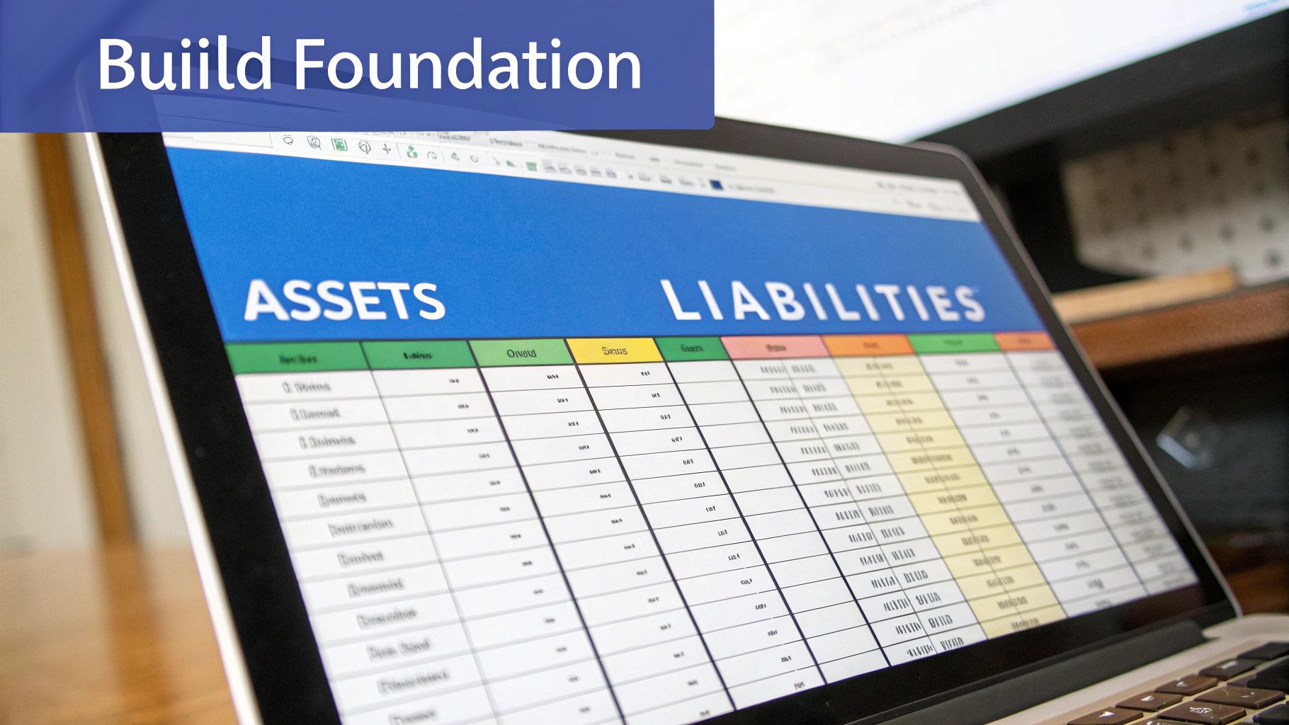 A simple net worth tracker spreadsheet in Google Sheets showing assets and liabilities.