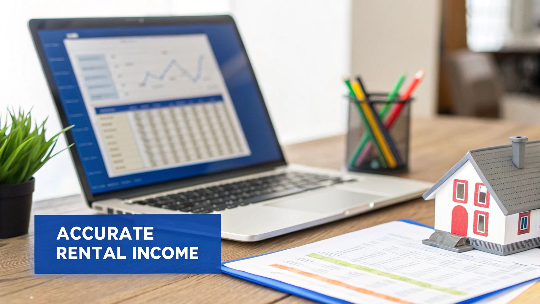 A person using a calculator with documents and a small house model on the table, symbolizing financial planning for real estate.