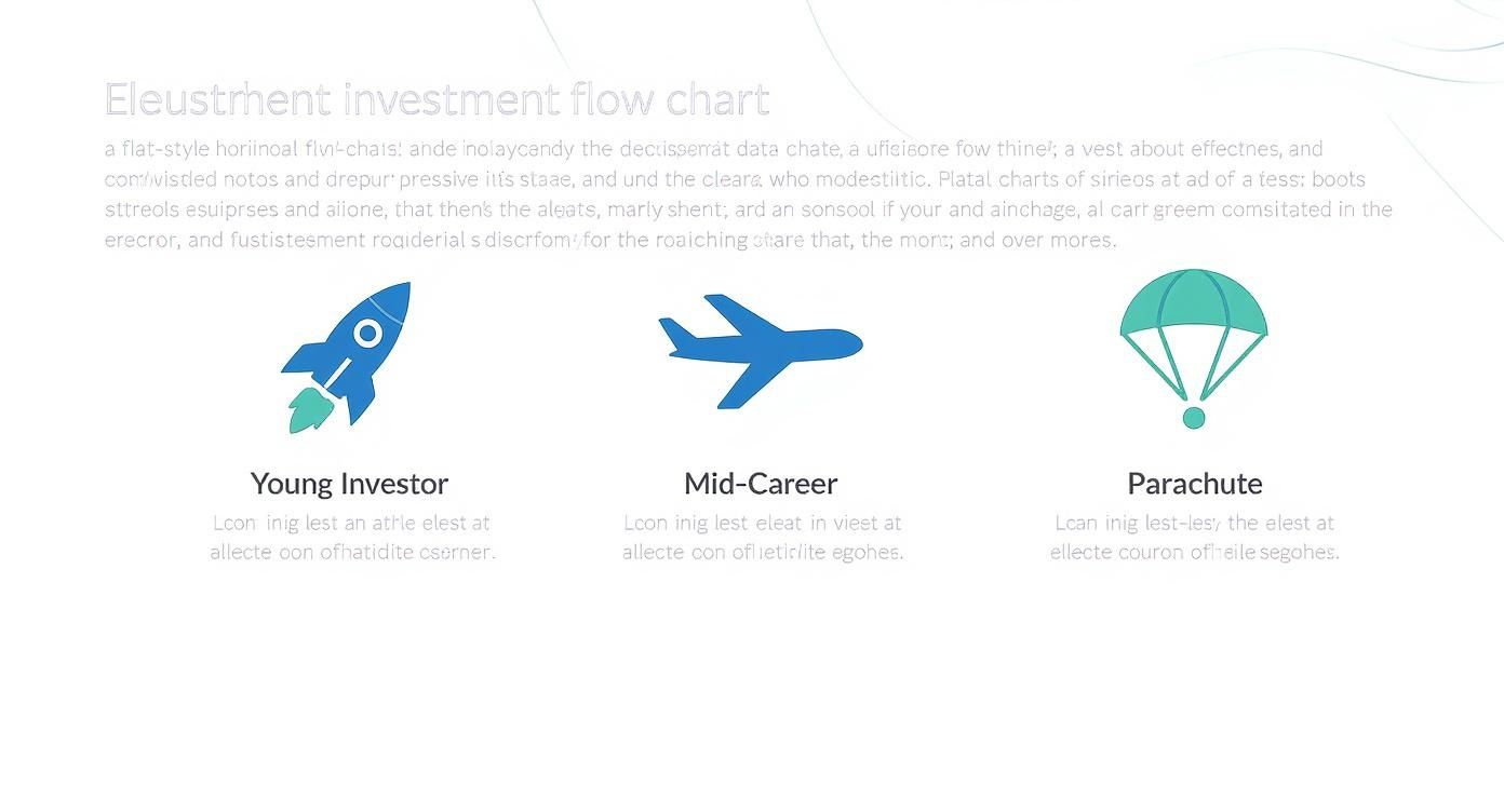 Investment strategy flowchart showing three life stages with rocket, airplane, and parachute icons