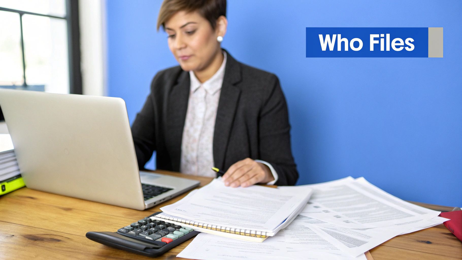 Woman reviewing financial documents on a laptop at a cafe, looking thoughtful.