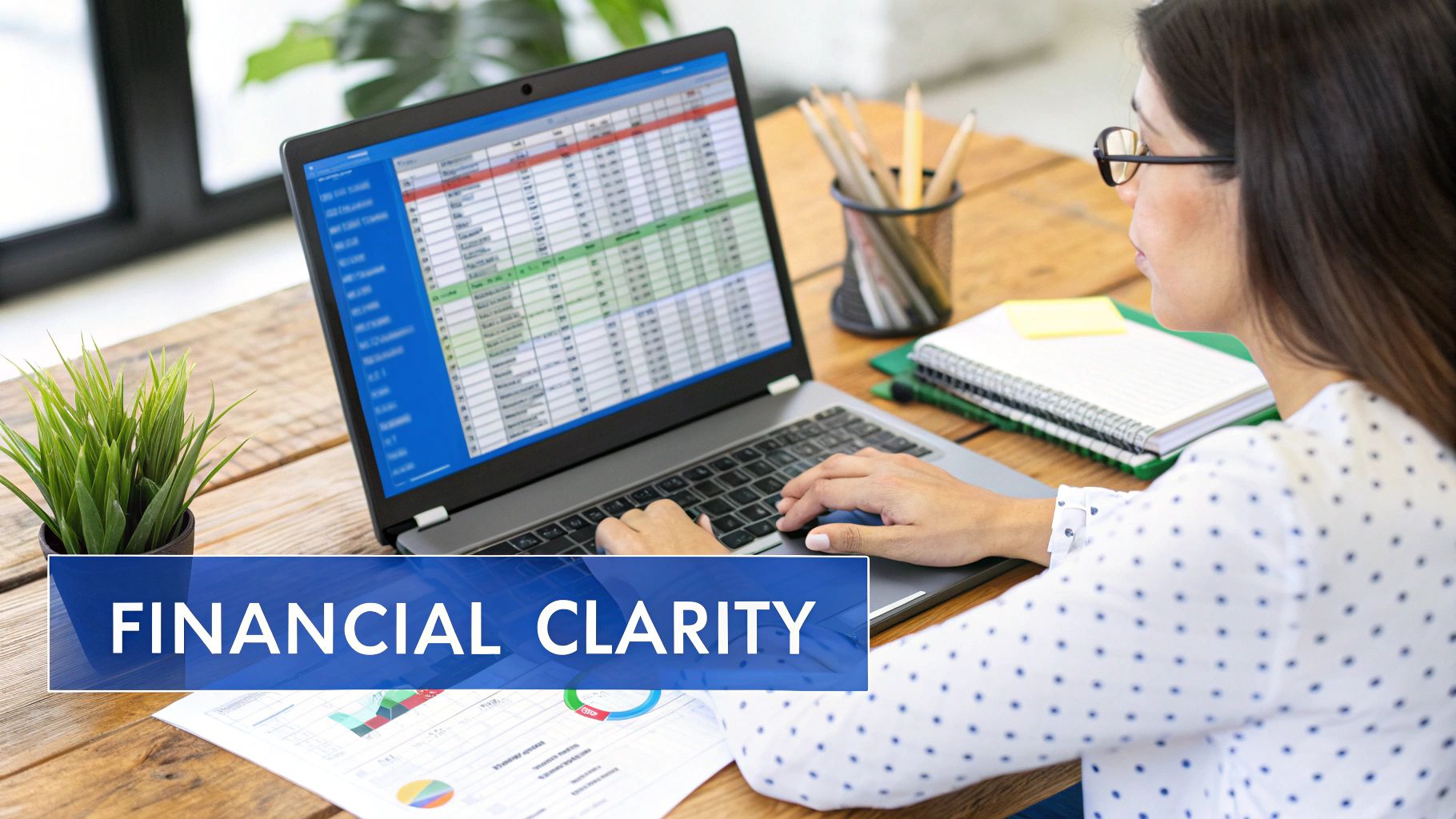 A person working on a financial spreadsheet on their laptop with charts in the background.