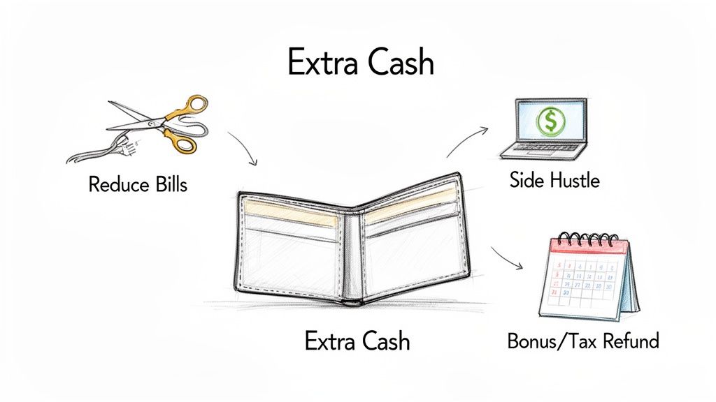 An illustration depicting three methods to acquire extra cash: reducing bills, engaging in a side hustle, and receiving a bonus or tax refund, all funneling into a wallet.