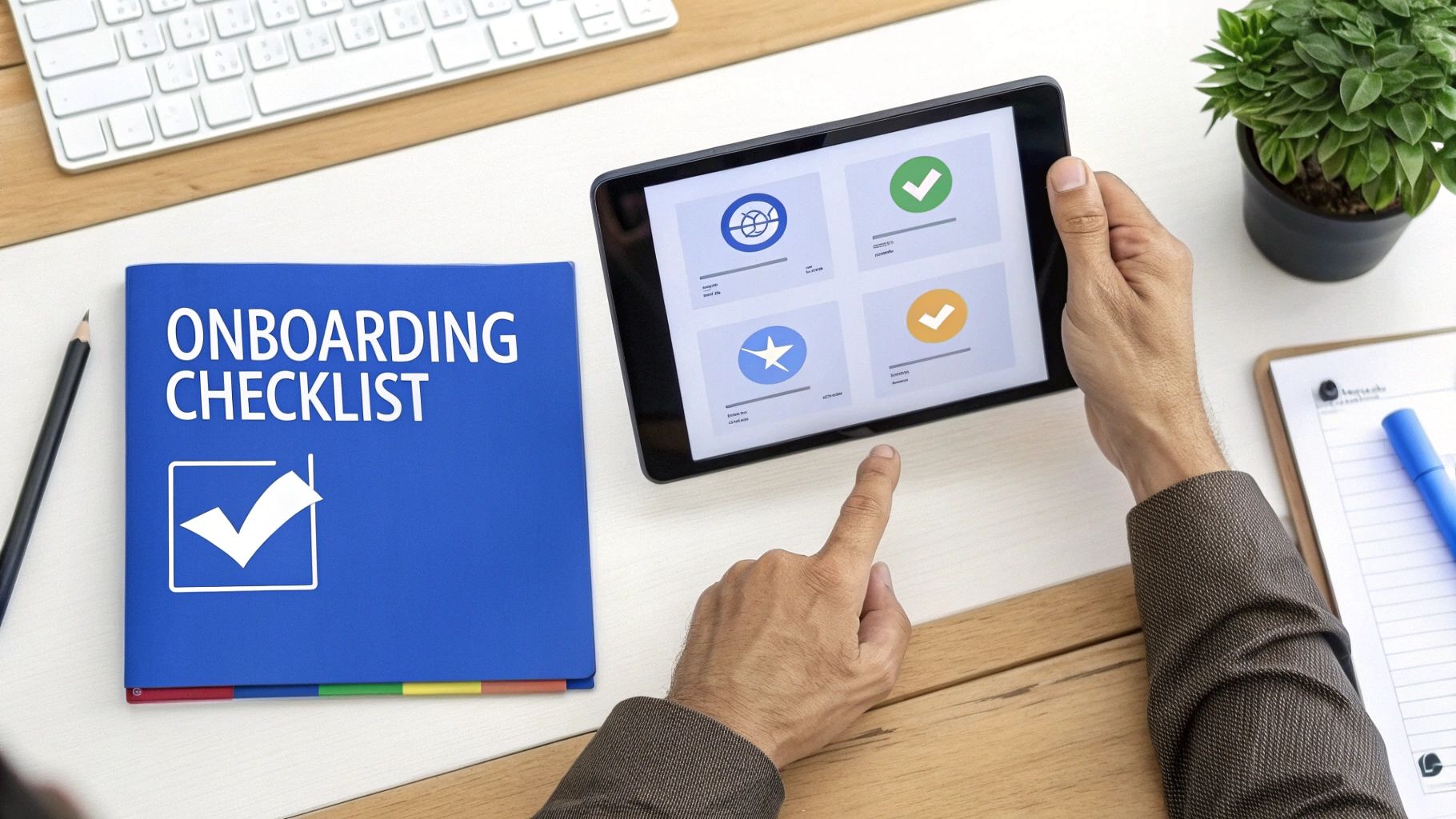A person's hands on a laptop keyboard, with a smartphone displaying financial charts next to them, signifying the setup process.