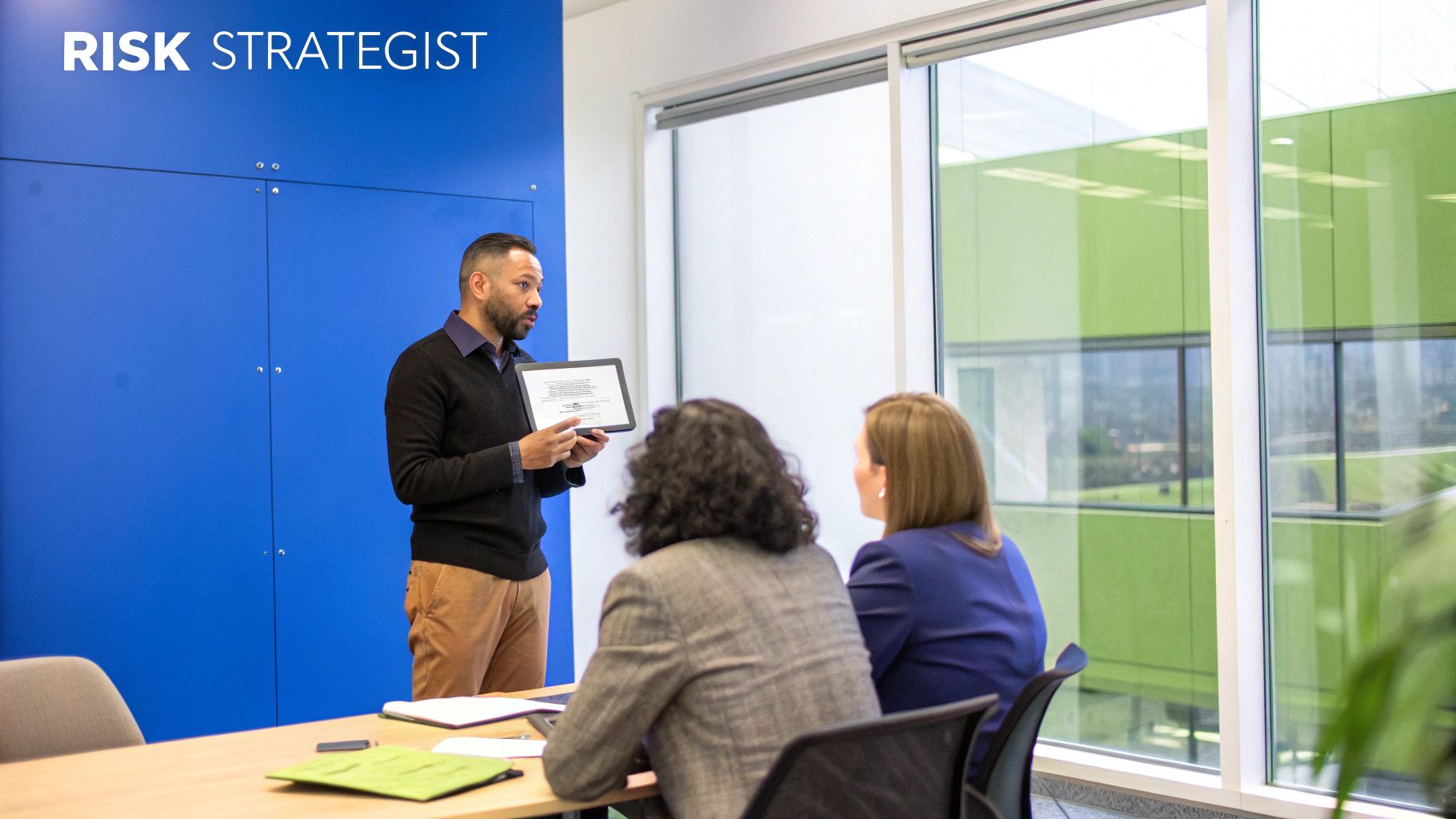A professional financial risk manager presenting strategic data to colleagues in a modern office meeting, highlighting their advisory role.