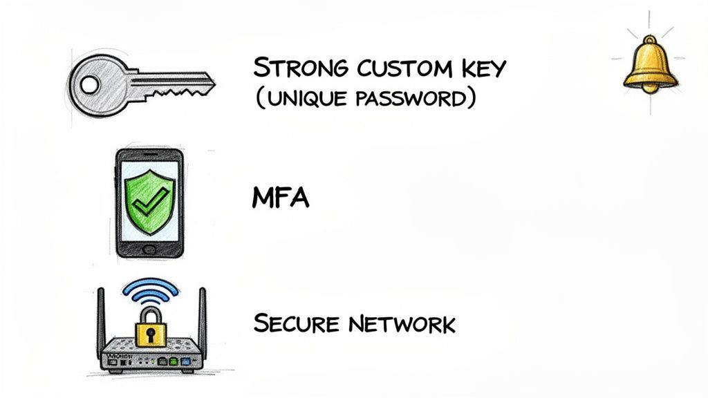 Icons illustrating strong password, multi-factor authentication (MFA), and secure network for online safety.