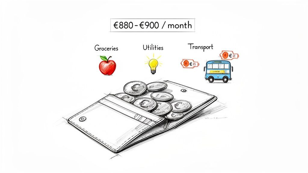 Illustration showing a monthly budget of €880-€900 for groceries, utilities, and transport with Euro coins.