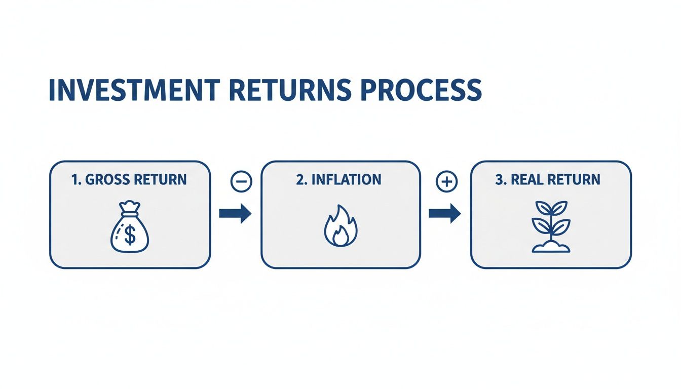 Flowchart illustrating the investment returns process, from gross return to real return adjusted for inflation.