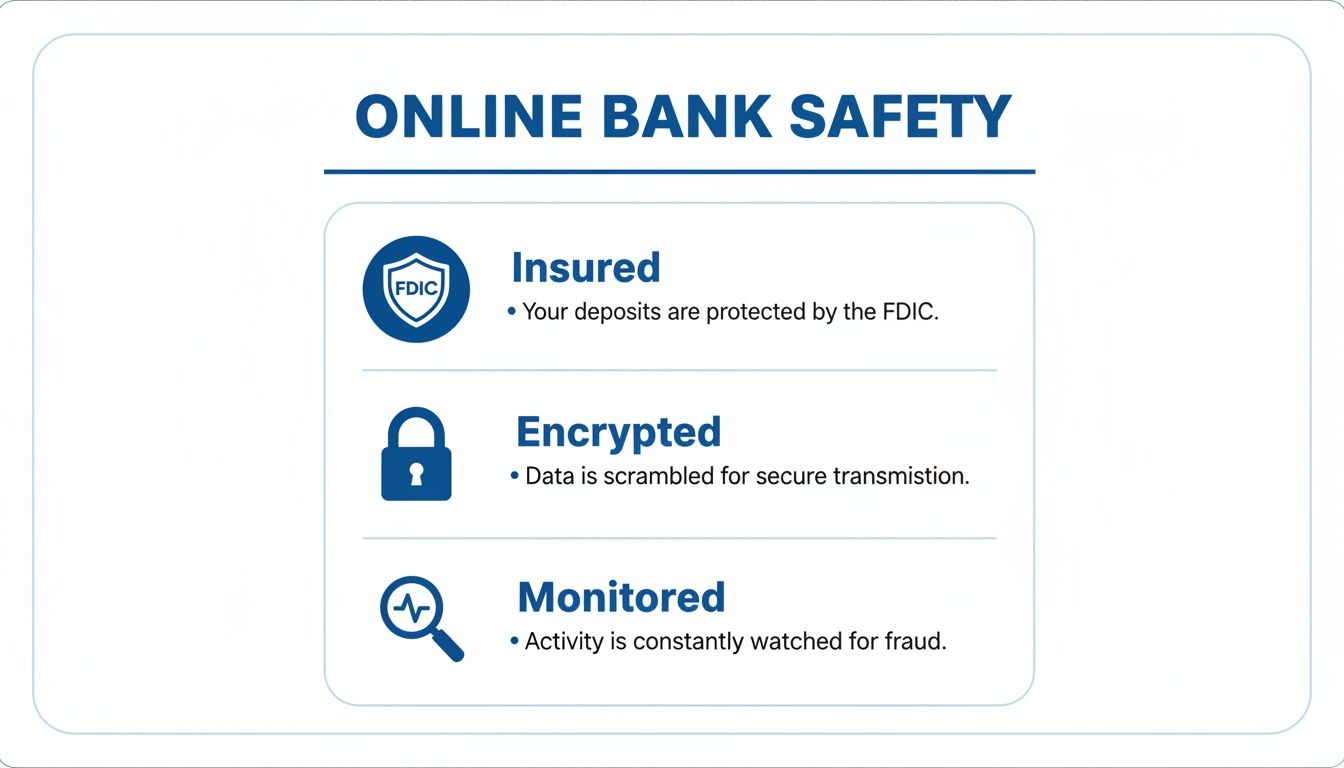 Infographic details online bank safety, highlighting features like FDIC insurance, data encryption, and fraud monitoring.