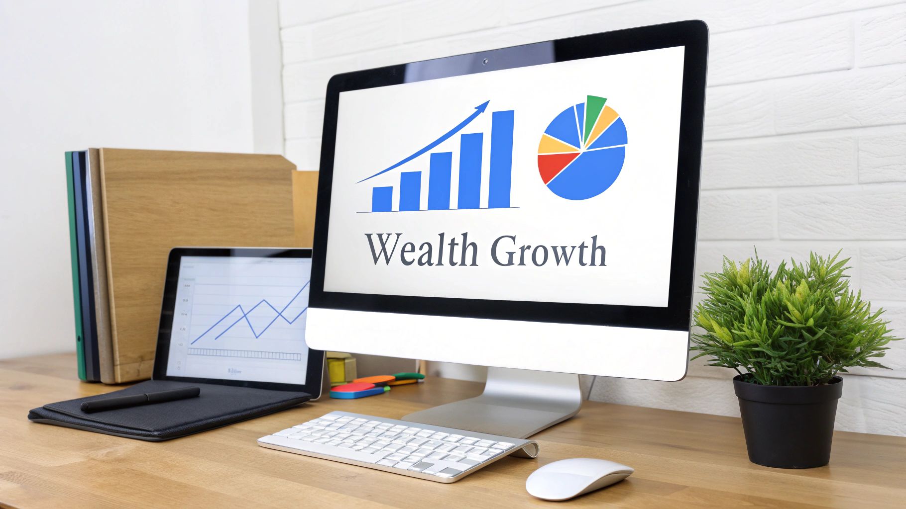 A close-up of a vibrant financial dashboard on a laptop screen, showing colorful pie charts and line graphs tracking wealth growth.