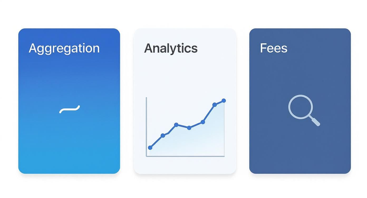 Infographic summarizing key software metrics for portfolio management: Aggregation, Analytics, and Fees.