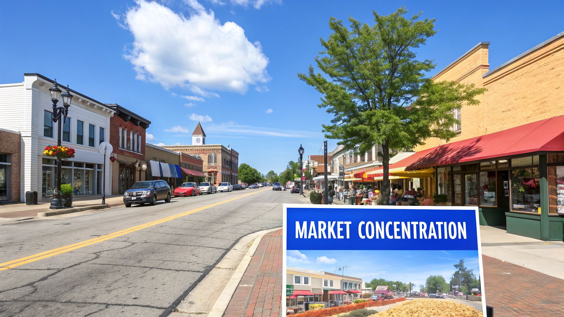 A lively downtown street scene with shops, cars, and people, under a blue sky, with a 'MARKET CONCENTRATION' sign.
