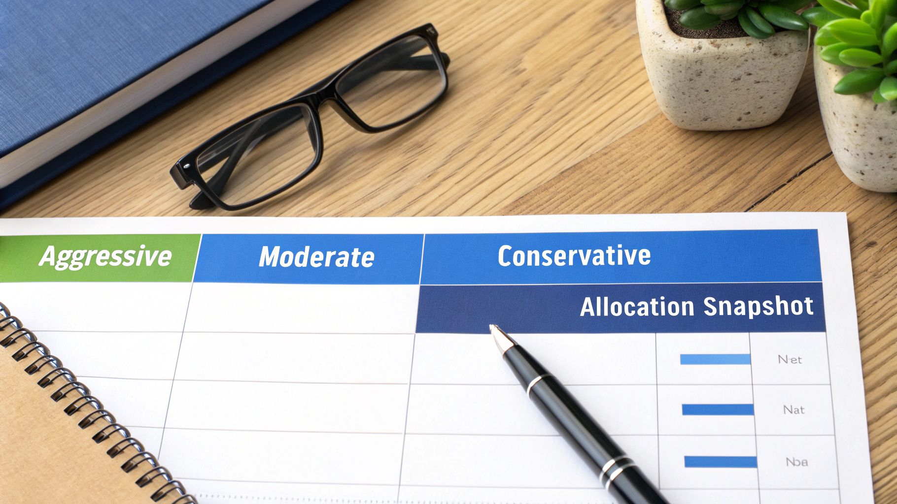 Investment portfolio allocation strategy chart showing aggressive, moderate, and conservative options with pen and notebook
