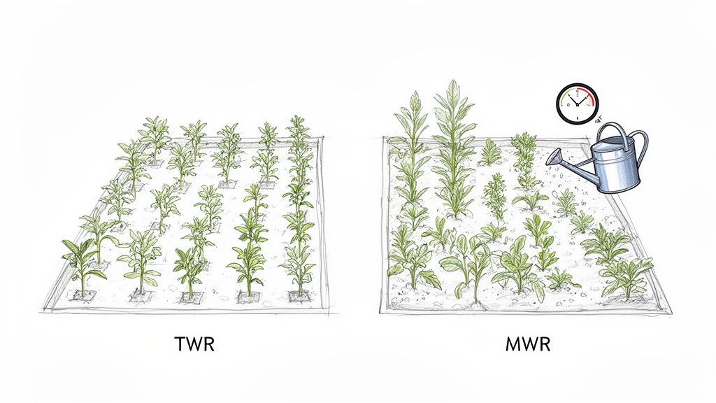 Two garden plots illustrating plant growth methods: TWR with uniform small plants, and MWR with diverse plant sizes, a watering can, and timer.