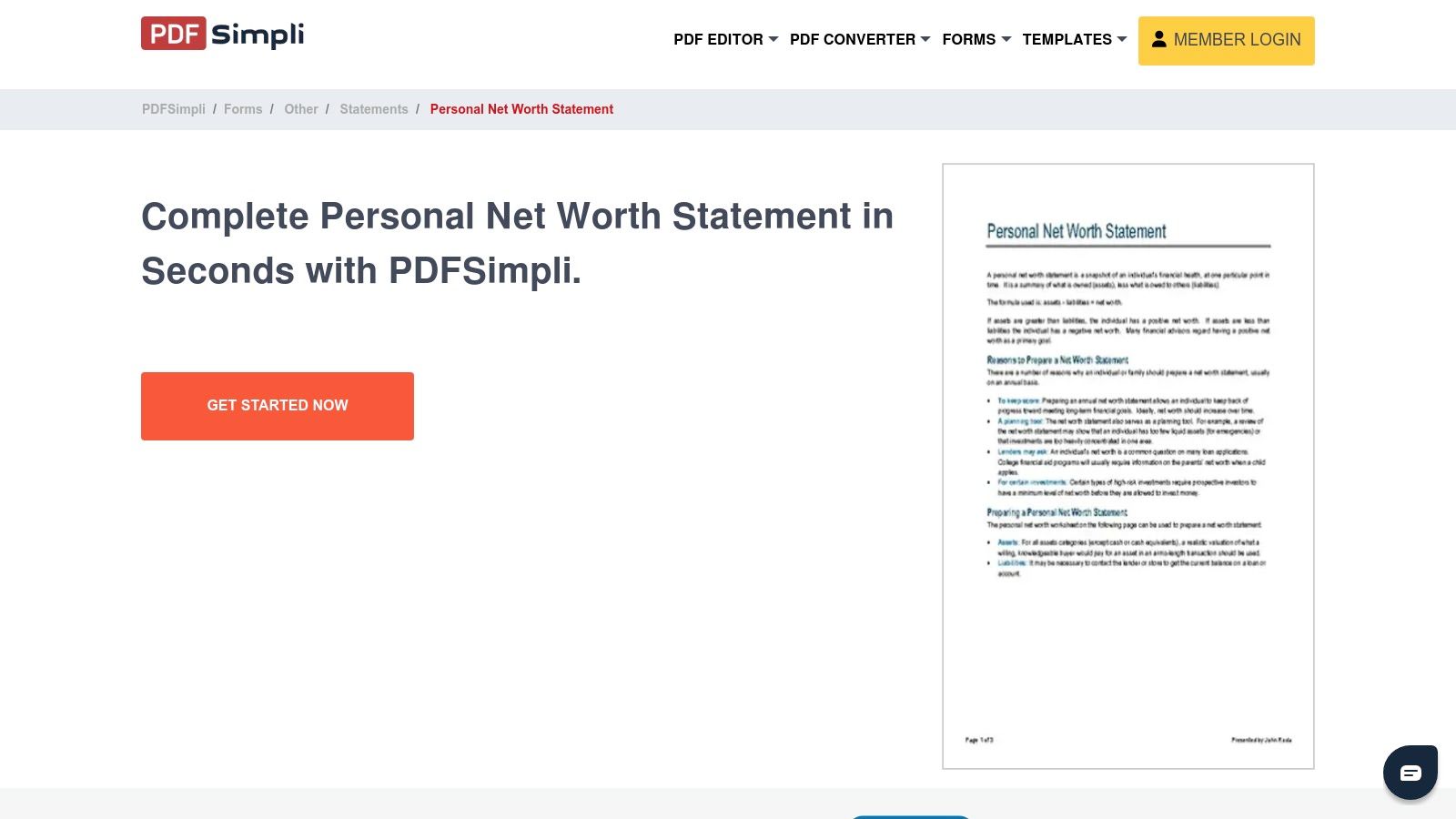 A screenshot of the PDFSimpli website showing an editable personal net worth statement form.