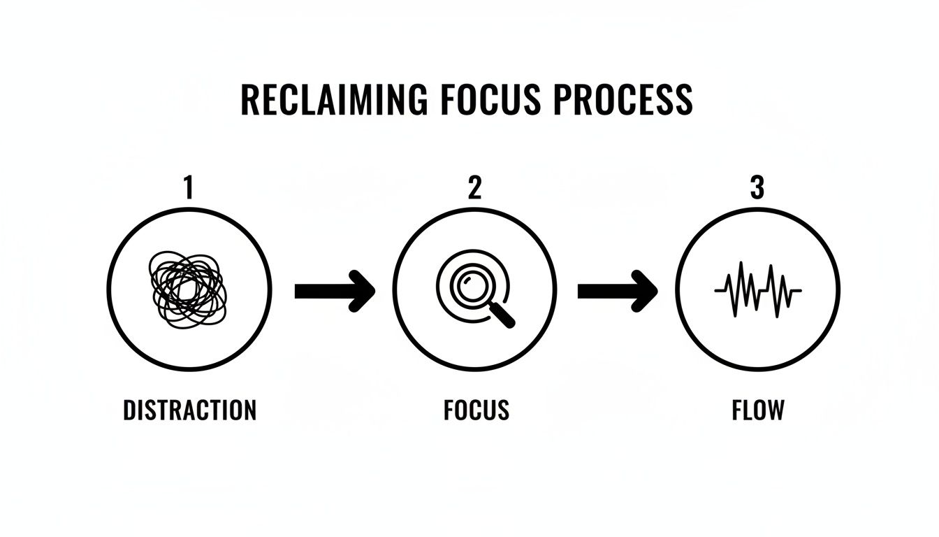 A diagram illustrating the reclaiming focus process from distraction to focus, then to a state of flow.