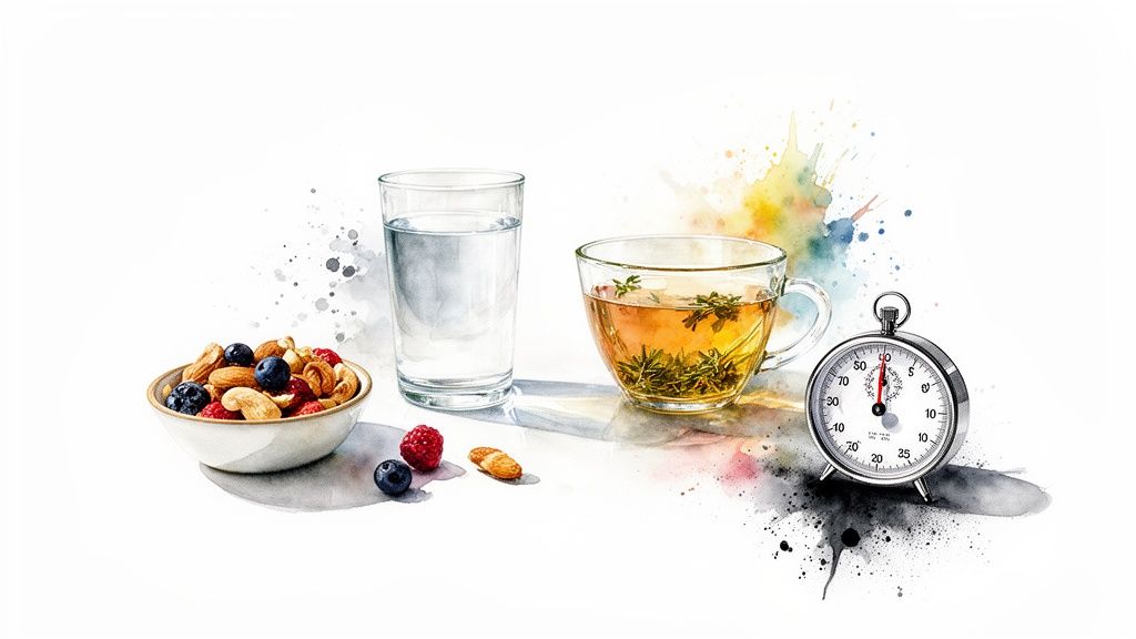 Watercolor painting of a healthy snack, herbal tea, water, and a stopwatch.