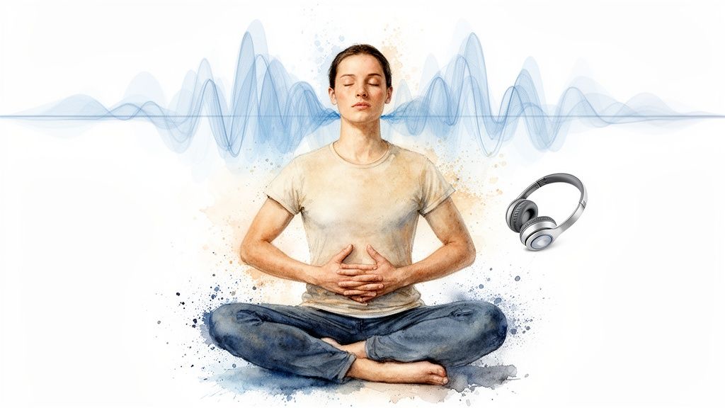 A person meditating with eyes closed, surrounded by blue sound waves, and headphones.
