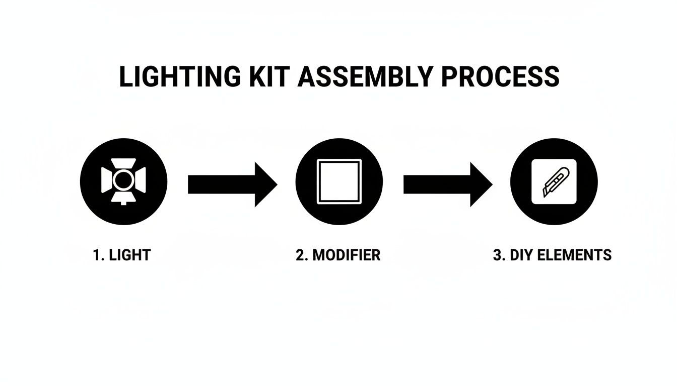 Flowchart illustrating the three-step lighting kit assembly process: light, modifier, and DIY elements.