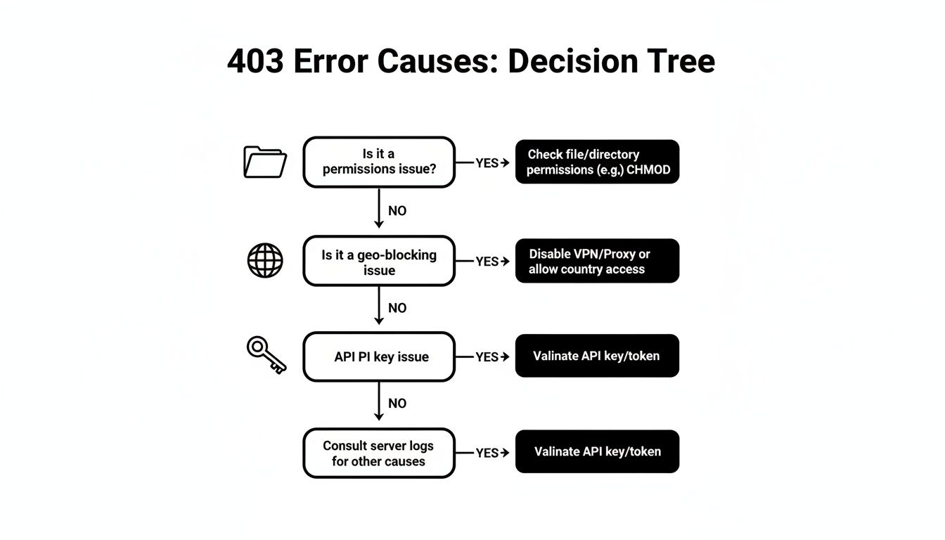 Decision tree flowchart illustrating common causes and solutions for a 403 Forbidden error.