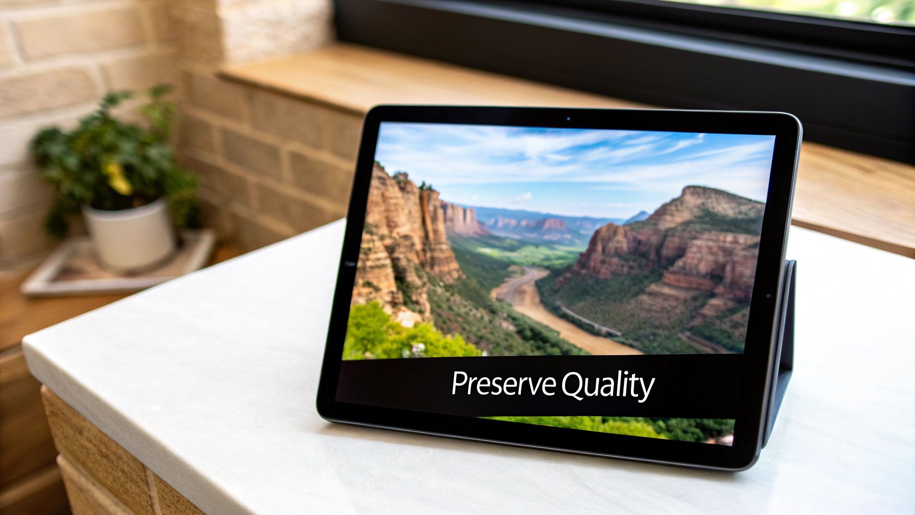 A tablet displays a stunning canyon landscape with a winding river and mountains, featuring the text 'Preserve Quality'.