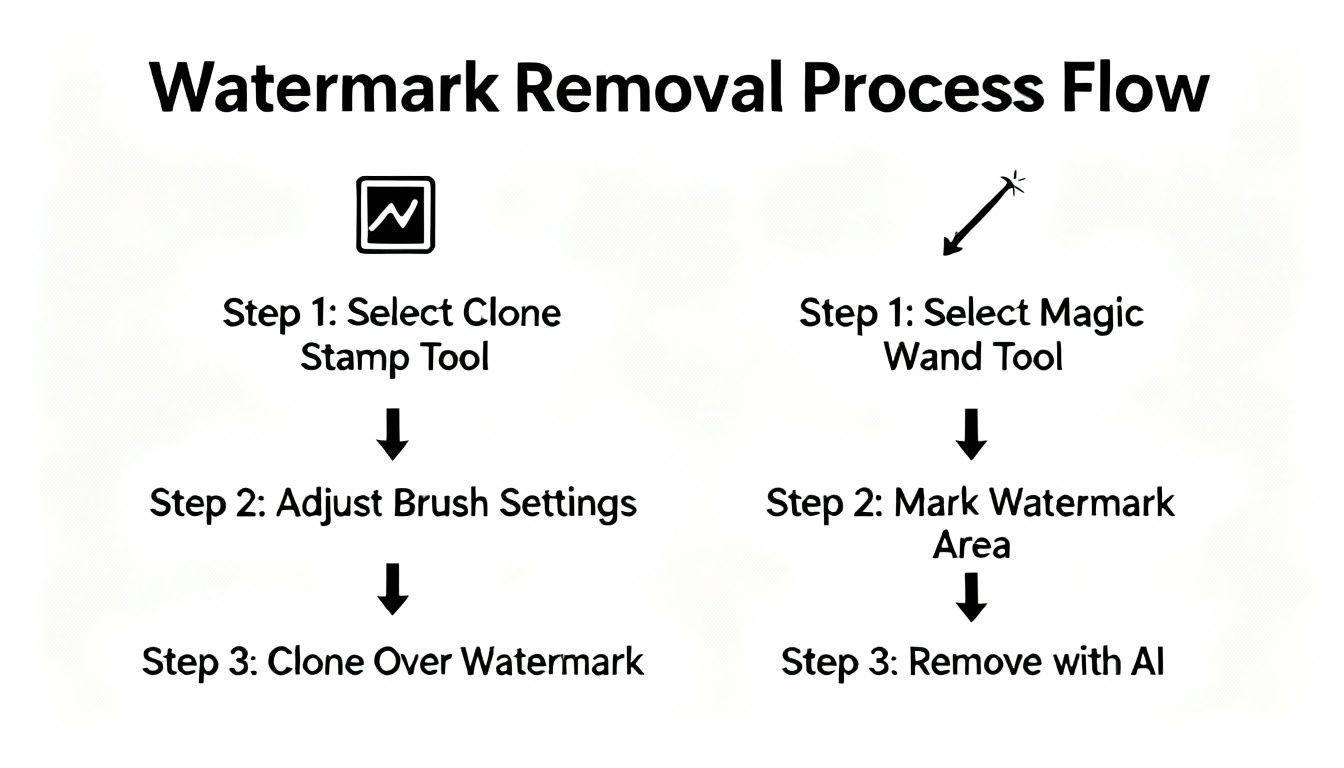 A flowchart showing two methods for watermark removal: using the clone stamp tool and the magic wand tool with AI.