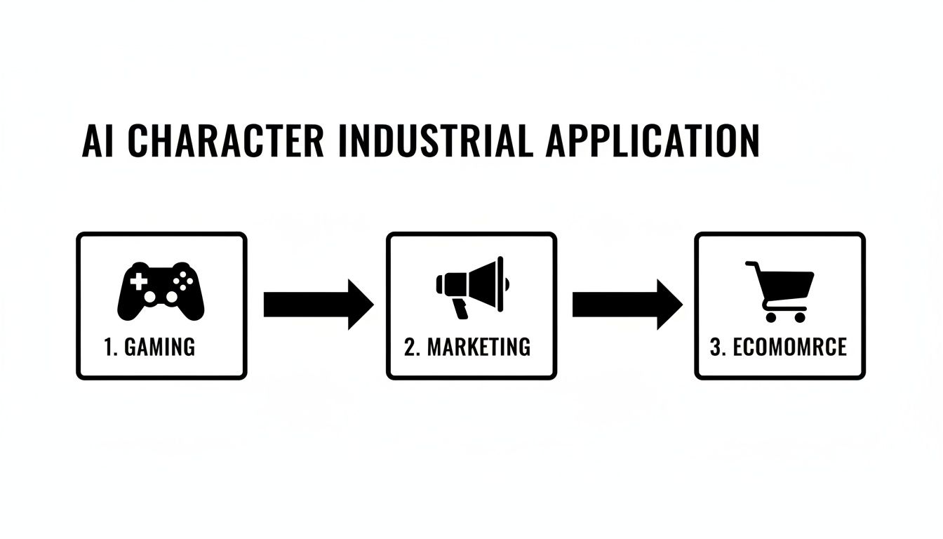 Flowchart illustrating industrial applications of AI characters in Gaming, Marketing, and E-commerce.