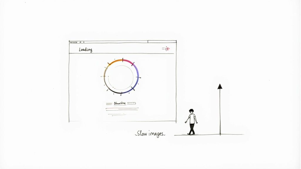 Sketch of a slow-loading website with a spinning wheel and a person, illustrating page speed issues.