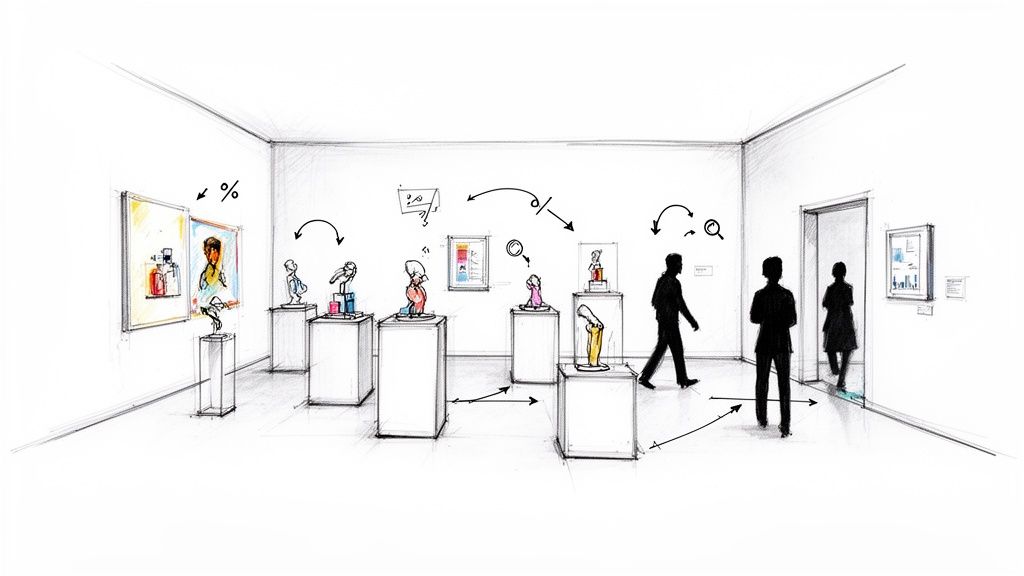 A sketched museum gallery depicting a conceptual process flow for visitors interacting with art, symbolizing customer journey.