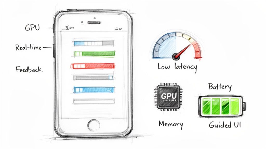 A hand-drawn sketch illustrating a smartphone with labels for GPU, real-time, feedback, low latency, memory, battery, and guided UI.