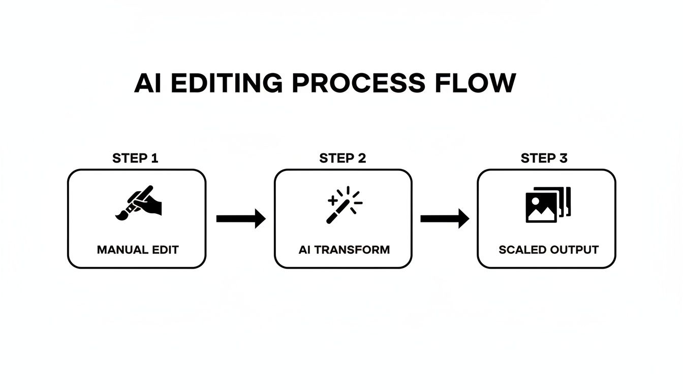 A three-step flowchart illustrating the AI image editing process: Manual Edit, AI Transform, Scaled Output.