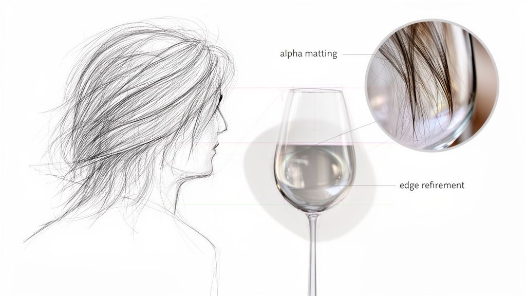 Illustration demonstrating alpha matting and edge refinement techniques for hair and glass.