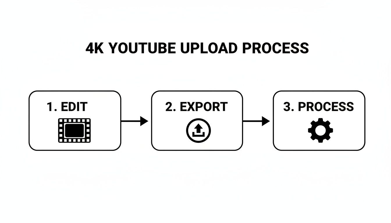 Flowchart illustrating the three-step 4K YouTube upload process: Edit, Export, and Process with icons.