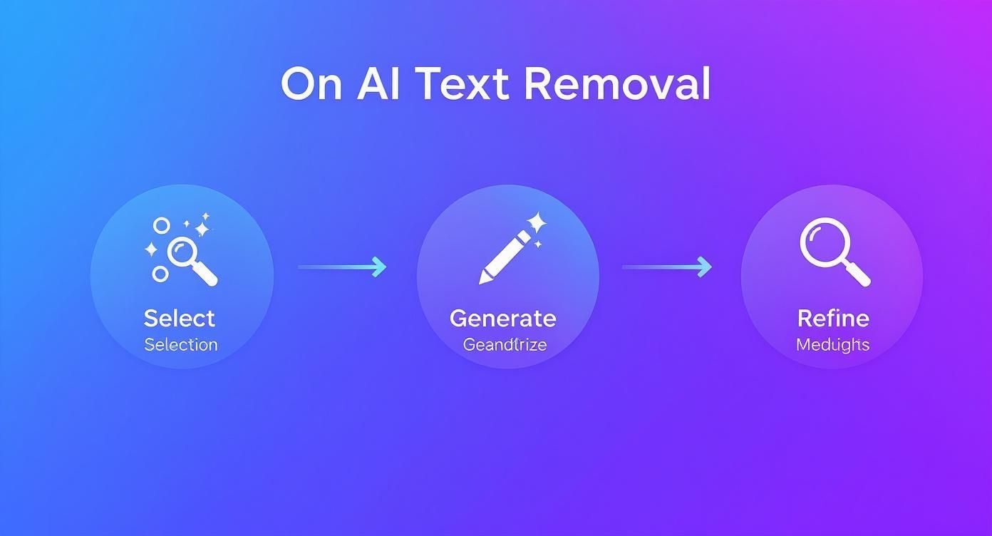 A three-step diagram illustrating the process of AI text removal: Select, Generate, and Refine.