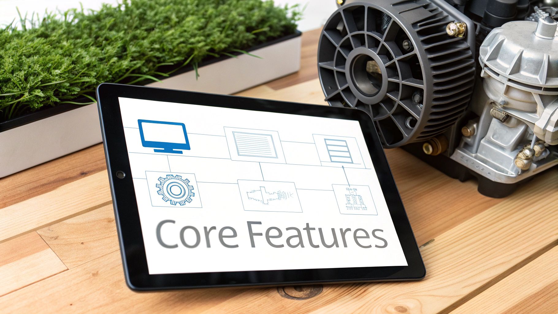 Tablet displaying a 'Core Features' diagram with technology and industrial icons on a wooden desk.