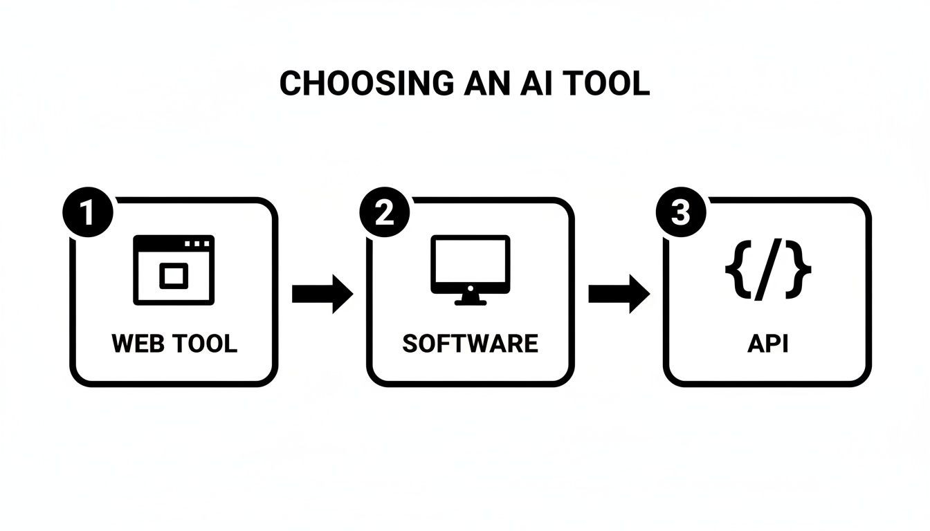 A flowchart illustrating three steps for choosing an AI tool: Web Tool, Software, and API.