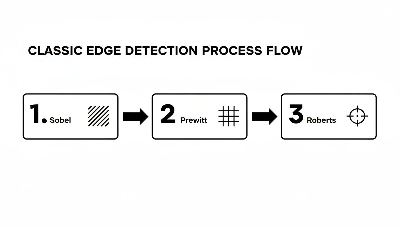 A process flow diagram illustrating classic edge detection methods: Sobel, Prewitt, and Roberts.