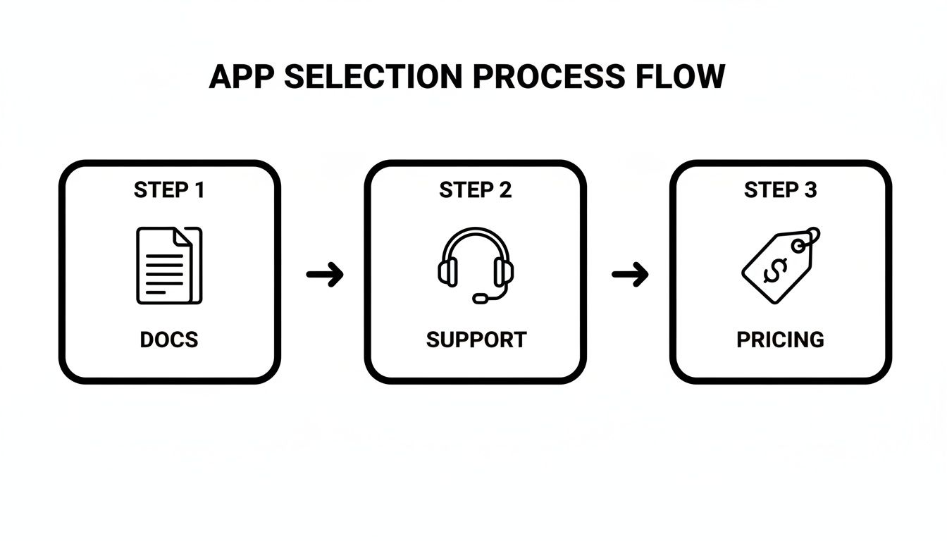 A three-step app selection process flow showing docs, support, and pricing, connected by arrows.