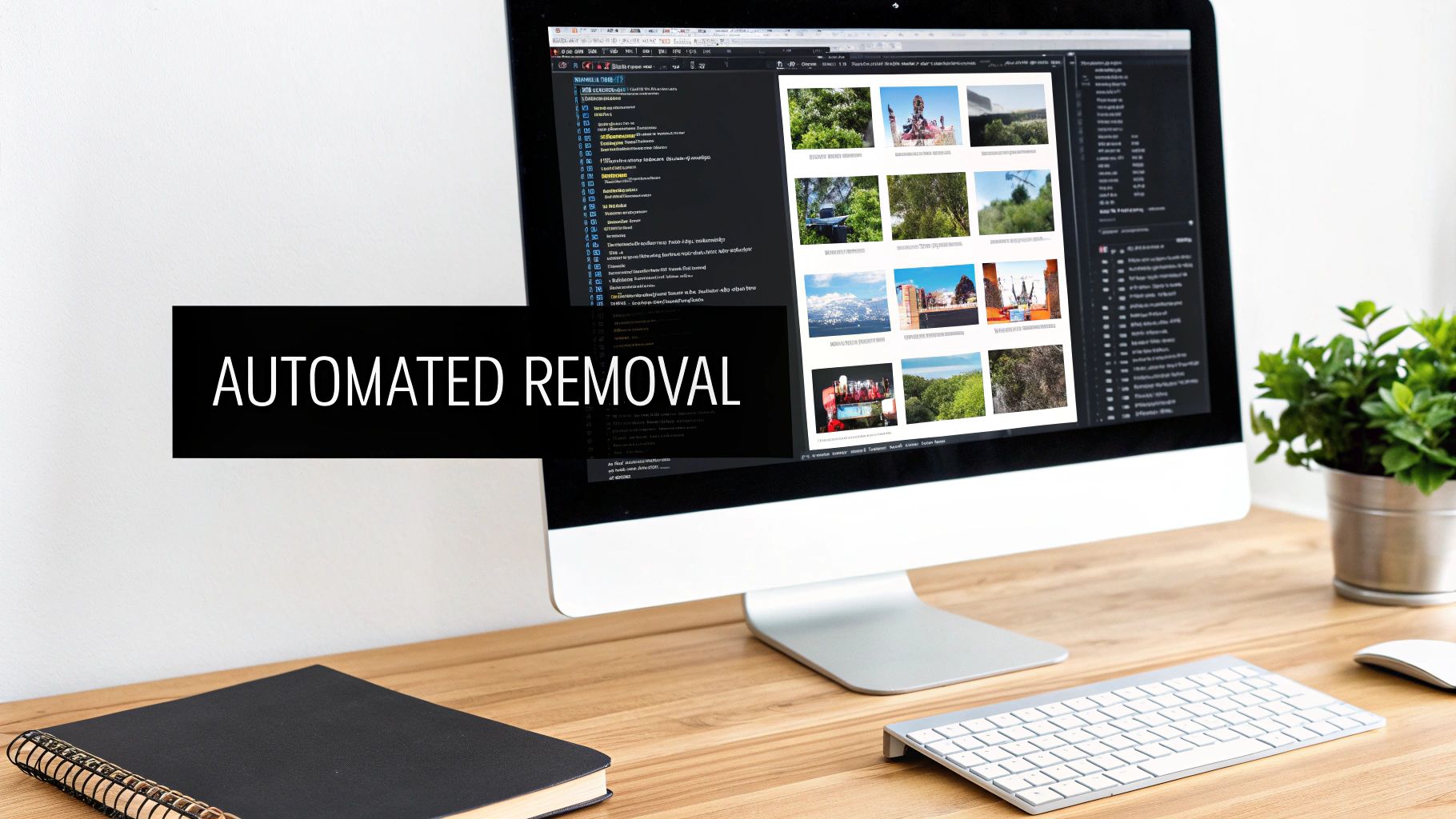 A desktop computer displaying 'AUTOMATED REMOVAL' text over an image gallery on a wooden desk.