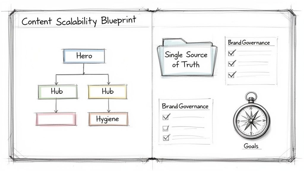 Content scalability blueprint diagram with strategy components: Hero, Hub, Hygiene, governance, and goals.