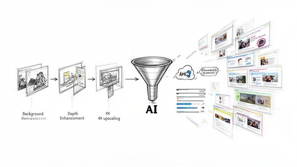AI-powered image processing pipeline showing background removal, depth enhancement, 4X upscaling, and content generation.
