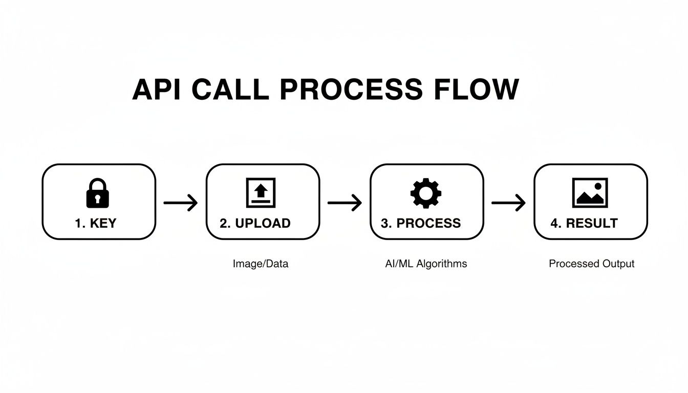 A flowchart illustrating the four steps of an API call: key, upload, process with AI/ML, and result.