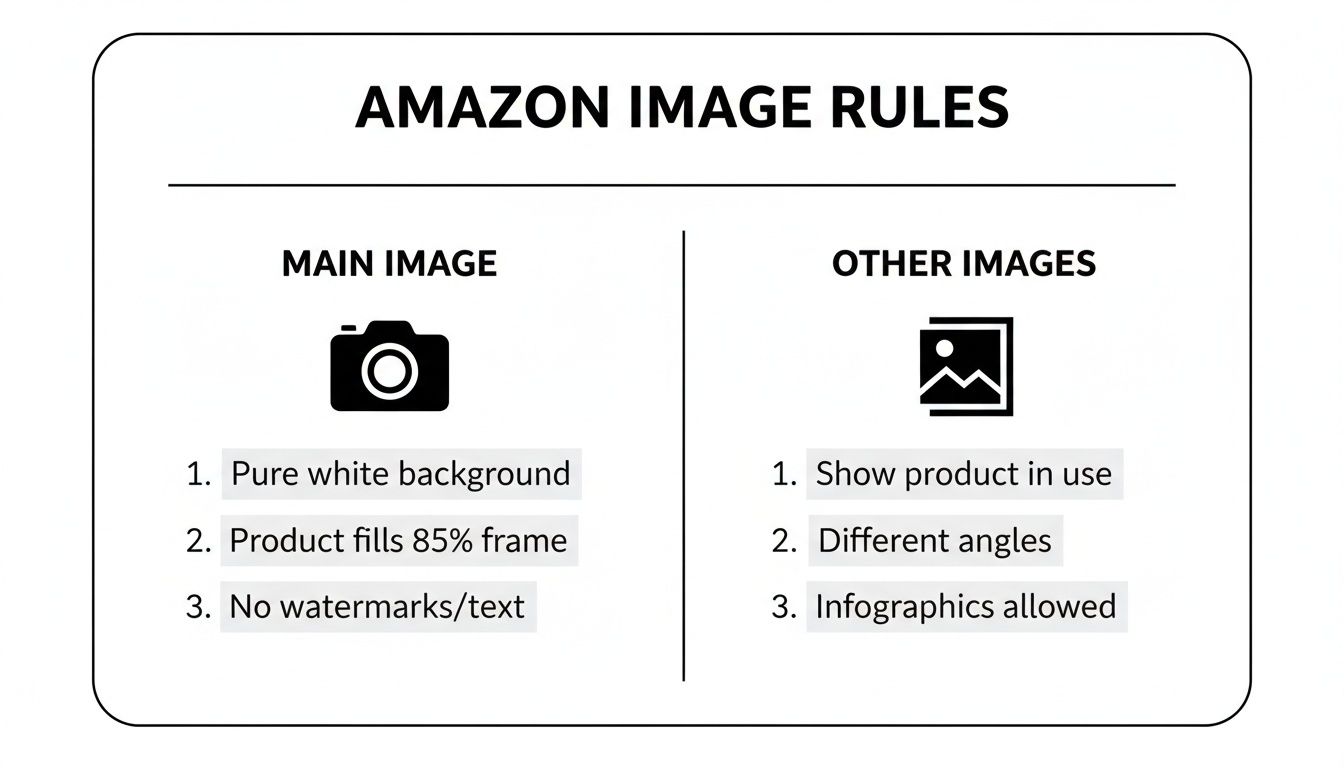 A visual guide outlining Amazon's image rules for main product listings and supplementary images, detailing background, product fill, and content requirements.