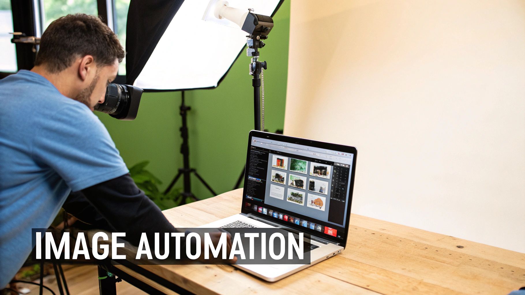 A photographer takes pictures in a studio while working with a laptop displaying image catalog software.