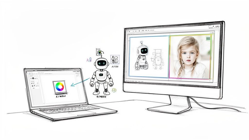 Sketch of a laptop and monitor showing a color wheel, robot design, and a girl's photo.