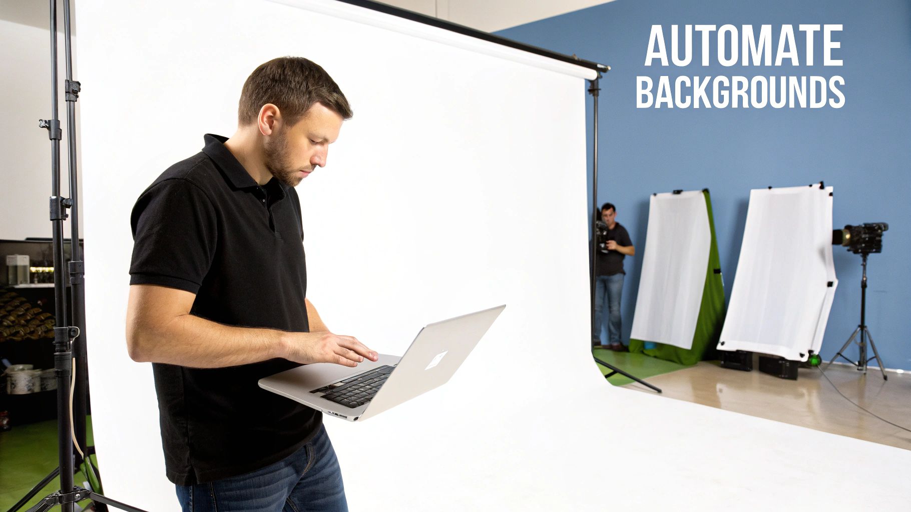 A man in a black polo shirt holds a laptop in a professional photo studio setup.