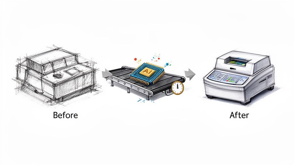 AI-powered process: a rough machine sketch transformed into a refined design, symbolizing enhancement.