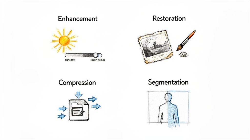 Visual illustration showing four image processing techniques: Enhancement, Restoration, Compression, and Segmentation with icons.
